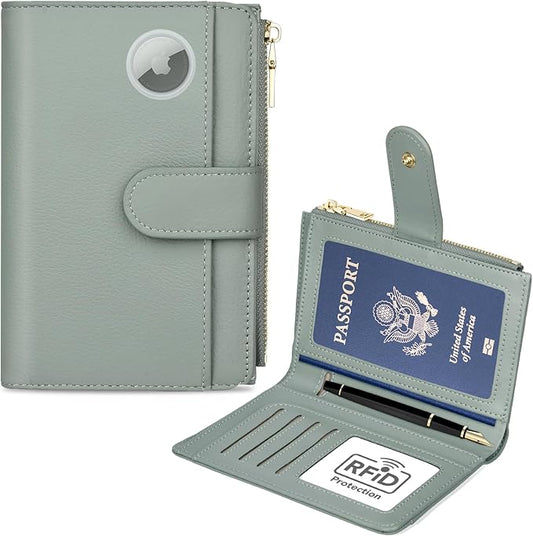 Passport Holder for Travel, Leather Passport Wallet with Airtag Slot, RFID Blocking Travel Wallet for Women Men, Passport Cover with Air Ticket Card Cash Coin Pocket, Travel Essentials Gift