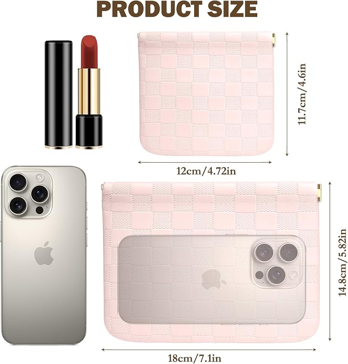 2 PCS Ladies Small Makeup Bag for Purse,Coin Purse Lipstick Cosmetic Accessories Organizer,Travel Pouch,Waterproof No Zipper Self-closing Small Makeup Pouch (Checkered Pink)