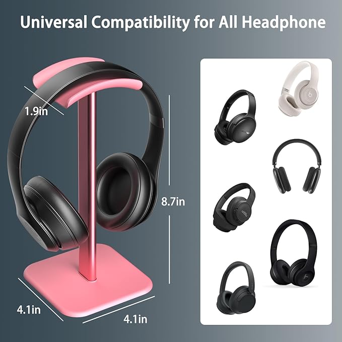 Headphone Stand for Desk - Headset Stand with Aluminum Hanger, Headphone Holder for AirPods Max, Sony, Bose, Beats and More (Pink)