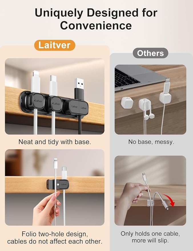 6 Pack Magnetic Cable Clips [1s Open/Lock], Laitver Cord Organizer Holder Strong Adhesive Desk Cable Management- Organize Charging Cords Neatly for Home, Office, Car,Desk, Nightstand-Black