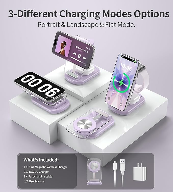 3 in 1 Magnetic Wireless Charging Station for Apple Devices, Fast Foldable Travel Mag-Safe Charger Stand with Night Light for iPhone 17 16 15 14 13 12 Series, Apple Watch/AirPods Pro, PU