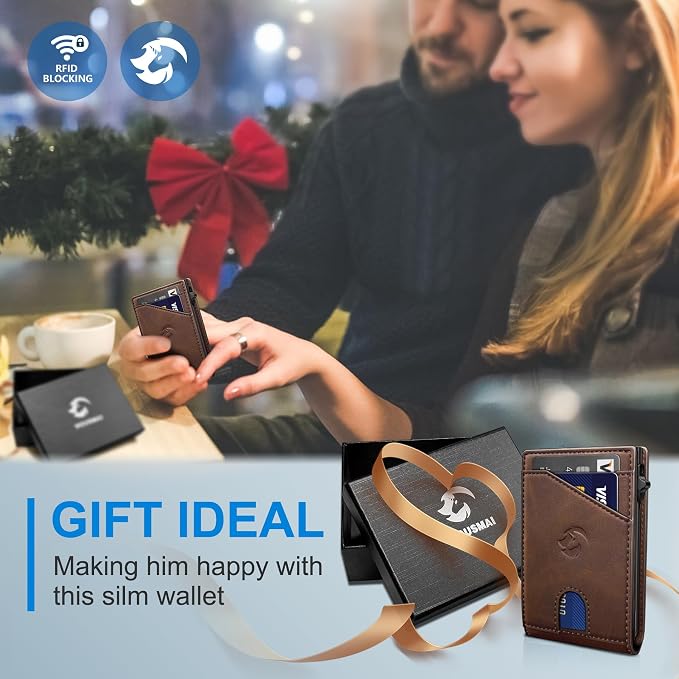 Wallet for Men, Slim Pop Up Card Holder with RFID Blocking, Minimalist Bifold Wallet with 9 Card Slots, ID Window and Cash Pocket, Metal Flip Case with Magnetic Closure, Gift Box