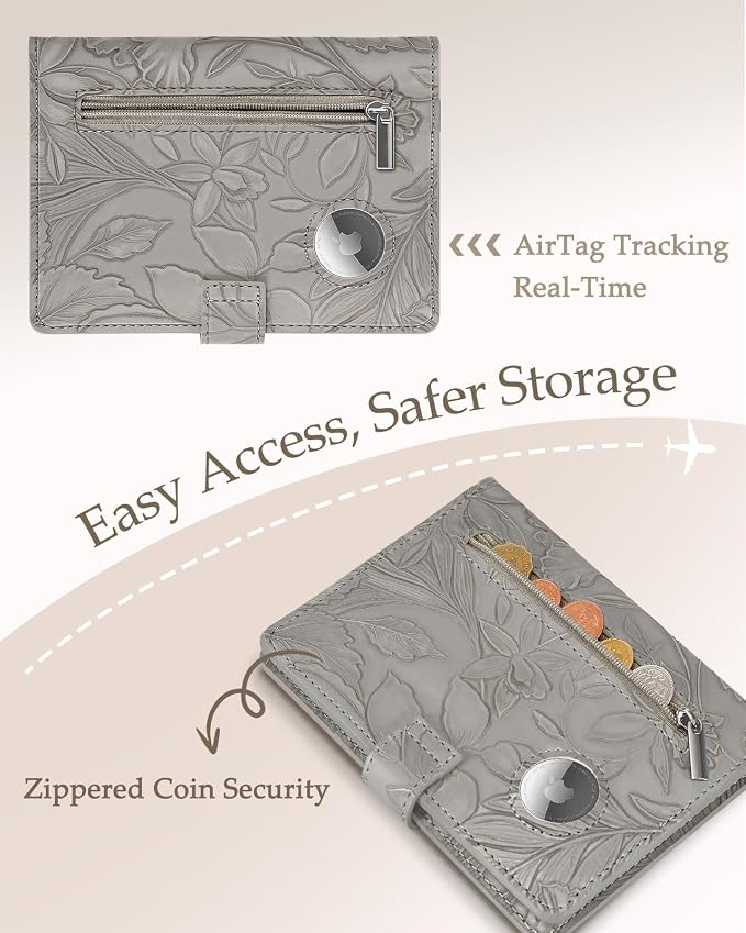 Slohif Floral Embossed Passport Wallet - Elegant Passport Wallet with AirTag Holder & RFID Blocking Slim Vegan Leather Passport Cover with Money Pocket and Card Slots Elephant Gray