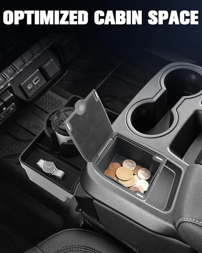 YEE PIN 3-in-1 Front Center Seat Headrest Organizer for 2019 2020 2021 2022 Chevy Silverado Compartment Tray Container Storage Box with Cup Holder Coin for Silverado 2026 Accessories (Jump Seat Only)