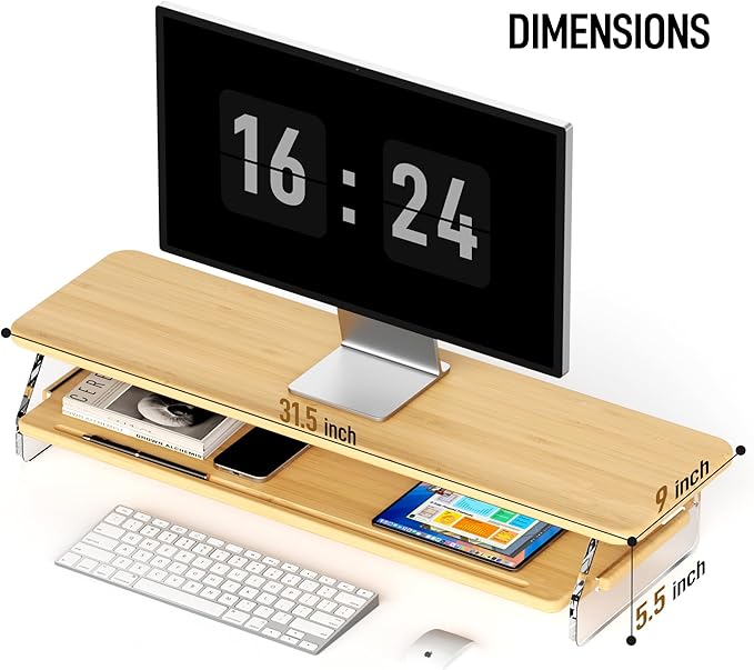 AFOOYO Bamboo Dual Monitor Stand Riser,31.5In 2 Tier Desk Organizer, Adjustable Arylic Feet Computer Monitor Stand, Desk Shelf for Office
