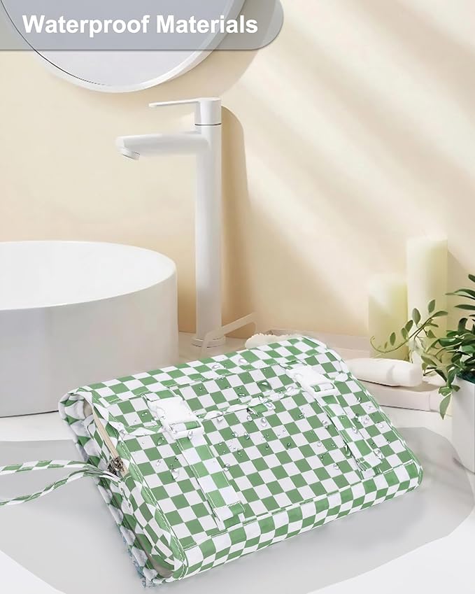 Relavel Travel Hanging Toiletry Bag for Women, Large Capacity Wash Bag with 360 degree Rotation Hanging Hook, Portable Toiletries Makeup Organizer Storage for Daily Use, Trip, Camping - Green Plaid