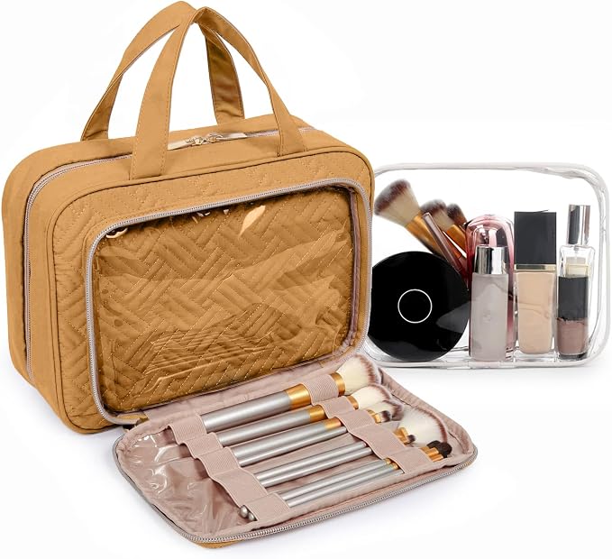 BAGSMART Toiletry Bag Hanging Travel Makeup Organizer with TSA Approved Transparent Cosmetic Bag Makeup Bag for Full Sized Toiletries(Stone Khaki)
