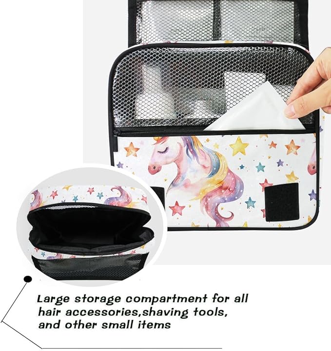 senya Hanging Travel Toiletry Bag Cute Kit Makeup Case Cosmetics Organizer for Men Women (Unicorns Face Pale Yellow Stars)