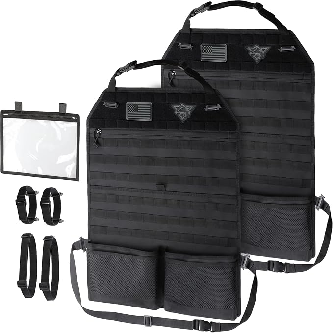 WYNEX Car Seat Organizer, Molle Backseat Cover Organizer Protector with Sling Rack, Visual Pocket and Patch, Universal Vehicle Fits for F150, Jeeps, Pickups & Trucks for Road Trips (2-Packs)