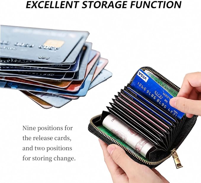 Ladies change card bag, zip storage bank card case, small portable 11 large capacity pouch, holds banknote change credit card(Braided pattern in black)