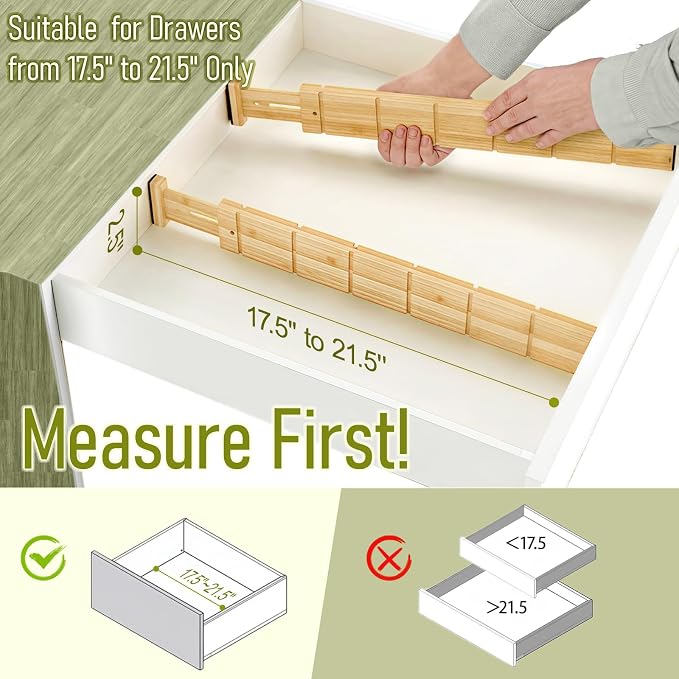 Whitmor Adjustable Bamboo Drawer Dividers, Expandable 17"-22" Drawer Organizer, Space-Saving, Non-Slip & Spring-Loaded Separators for Kitchen, Bedroom, Office, 4 Pack Dividers with 9 Baffles