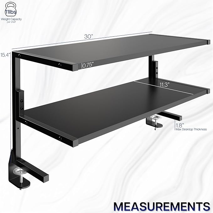 VIVO Clamp-on 30 inch Above or Below Desk 2-Tier Shelving Unit for Table Accessories, Gaming Devices, and More, Storage Tray, Desktop Organizer, Black, STAND-SHELF30C