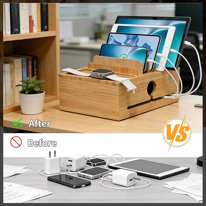 Bamboo Charging Station Organizer for Multi-Devices with Tray, Nightstand Desk Electronic Organizer Stand for Cell Phone, Tablet, Etc (with 5-Cable, No USB Charger)