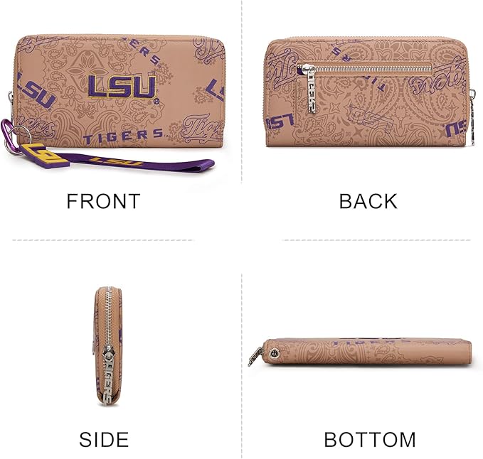 LSU Women Wristlet Purse with RFID Blocking Card Slot, LSU Clutch Zipper Wallet for Gift, Game Day, Concert Essentials | Khaki, NC-LSU011KH