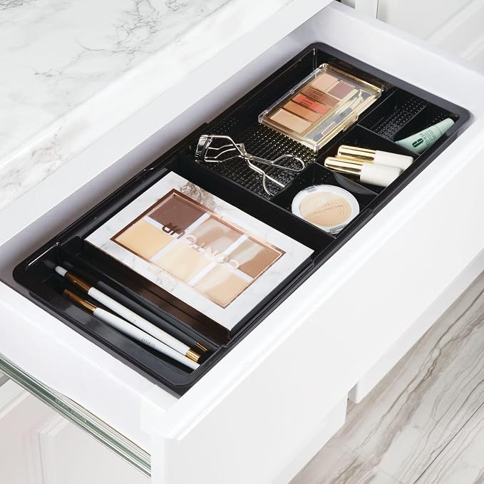 mDesign Expandable Plastic Drawer Organizer and Storage Container for Office Supplies - Gel Pen Pencil, Marker, Stationary, Desk Supply Holder for Drawers and Desktop - Lumiere Collection - Black