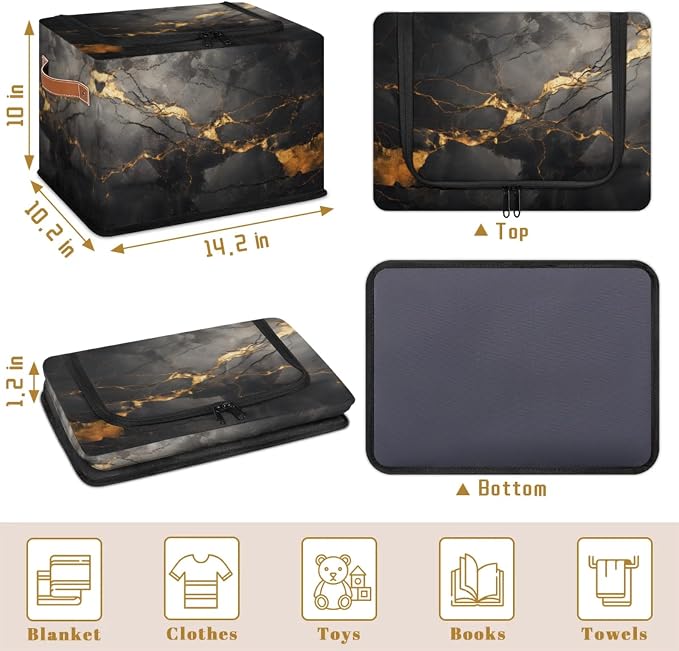 Black Gold Marble Storage Bins With Zipper Lid, Collapsible Trunk Organizer, Car Organizers and Storage Bins with Lids, Decorative Storage Boxes with Handle, Home Storage Baskets For Organizing