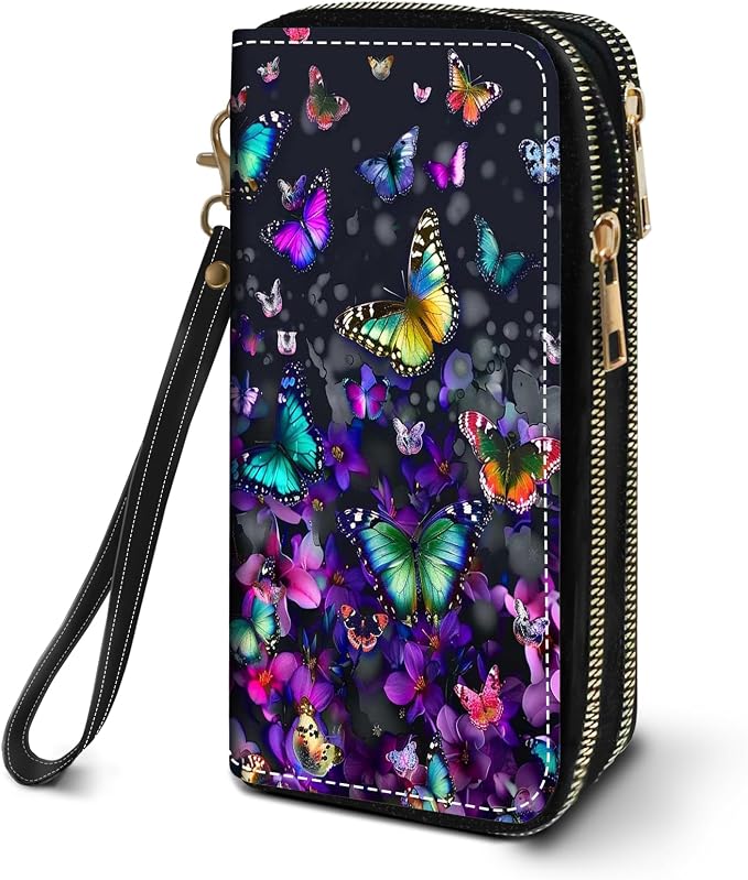 Women's Large Capacity Wallet PU Leather Double Zipper Clutch Purse Multifunctional Wallet with Removable Wristlet Strap for Smart Phone/Coin/Card/Cash, Colorful Butterfly