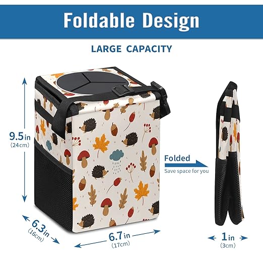 Car Trash Can Hedgehogs Maple Leaves Mushroom Wate-rproof Auto Garbage Bag Car Trash Can with Lid Leak-Proof Car Storage Bag Hanging for Headrest Collapsible and Portable with Storage Mesh Pocket