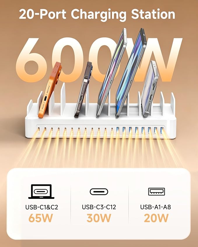 20-Port 600W Charging Station for Multiple Devices, Dual 65W GaN5 Multi-device Charging Dock with 10 Cables, Fast Charger Station for Laptop, Beverag Fridg, Phone, Tablet (White)