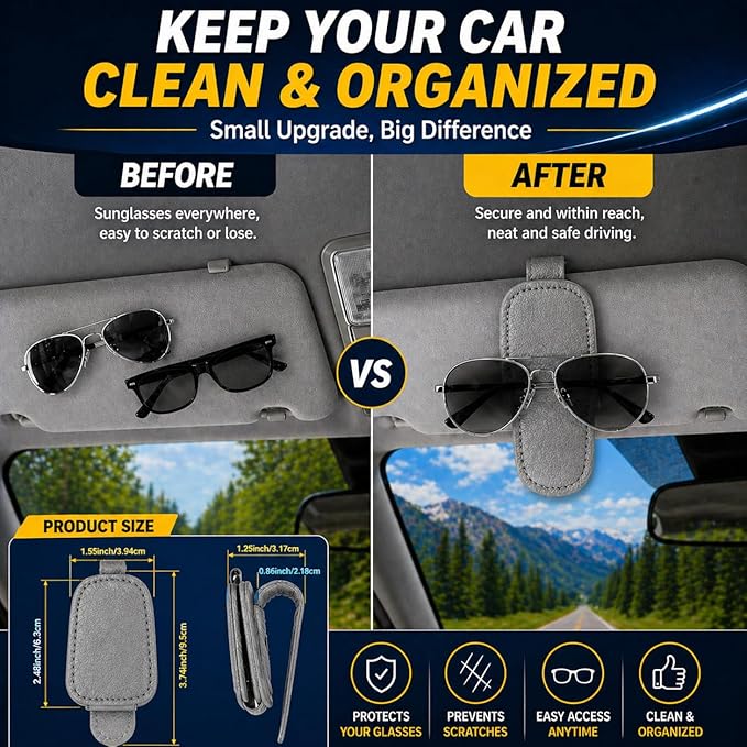 Magnetic Sunglasses Holder for Car Visor, Leather Visor Clip with Card & Ticket Slot, Secure No-Scratch Design, 2-Pack (Gray)
