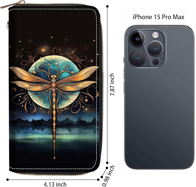 Women's Large Capacity Wallet PU Leather Zip Around Clutch Purse Multifunctional Wallet with Removable Wristlet Strap for Smart Phone/Coin/Card/Cash - Dragonfly