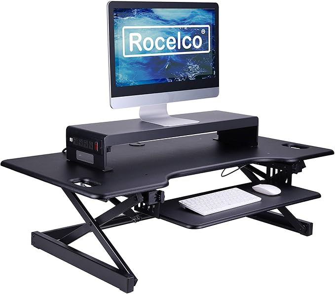 Rocelco 30" Premium Dual Monitor Stand with AC Power Supply & USB 2.0 Charging | Metal Laptop TV PC Riser Shelf with Keyboard Mouse Storage and Cable Management | Black (R DMS)
