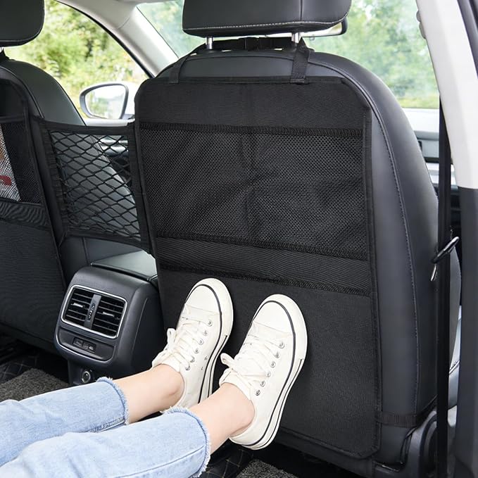Back Seat Cover for Kids – 2 Mesh Pockets + 1 X-Large Storage Organizer, Waterproof Car Seat Back Protector for Vehicles, Protects Upholstery from Dirt, Mud & Scratches, Black (2)