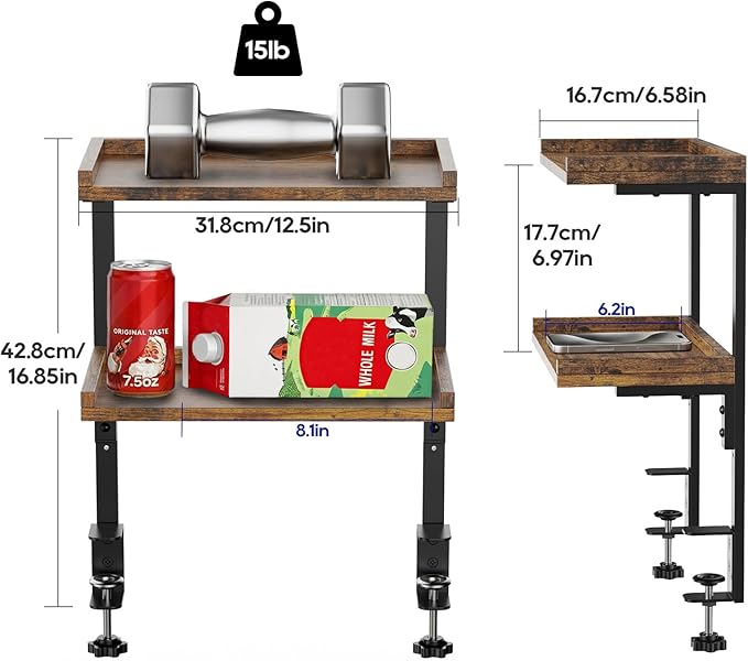 Clamp On Desk Shelf 2-Tier, 12.5 inche Wood Shelving Unit for Office Desk/Gaming Accessories, Tabletop Book Storage Rack, Shelf for Top & Under of Desk, Brown