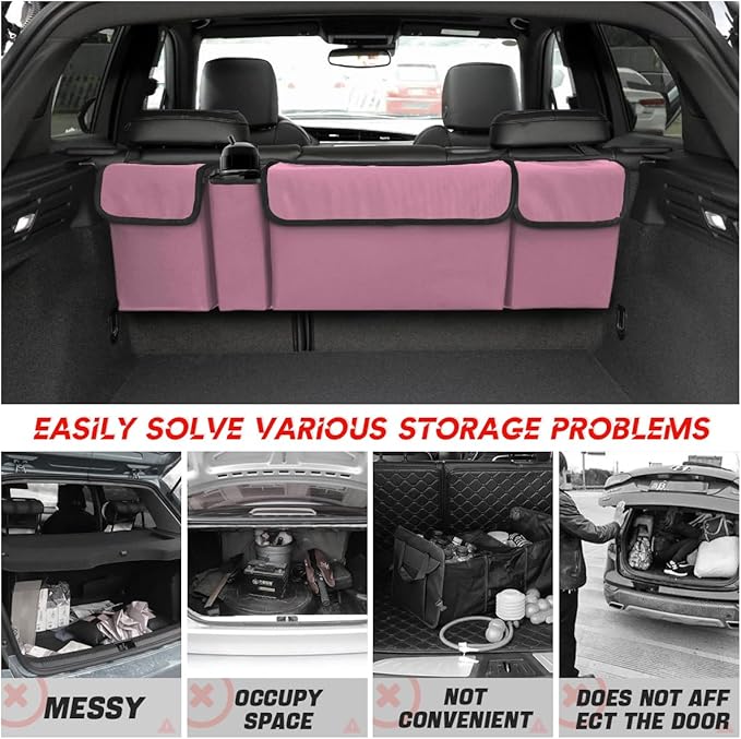 BELOMI Car Trunk Organizer, Auto Waterproof Sturdy Backseat Hanging Large Storage Collapsible Cargo Bag with Anti-Slip Adjustable Strip&4 Pockets, Vehicle Interior Accessories for Man Woman (Pink)