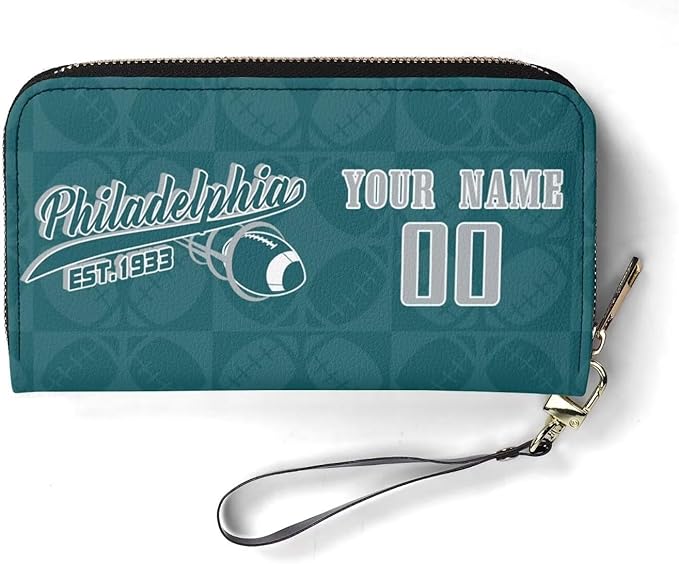 Custom Sports Team Zip Organizer Wallet-Personalized PU Leather Wallet with Name Number,Multi-Card Slots,Wrist Strap,Fan Gift for Men Women.