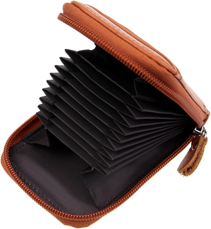 DKER Genuine Leather Mini Credit Card Case Organizer Compact Wallet with ID Window - Brown