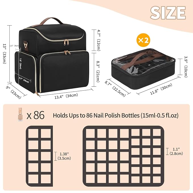 CUBETASTIC Extra Large Nail Polish Organizer Case Holds 86 to 100+ Bottles Nail Polish & Nail Lamp, Nail Supplies Storage Carrying Bag with 2 Removable Pouches