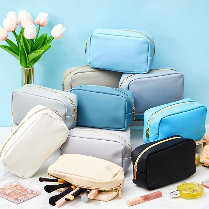 Sweetude 10 Pcs Makeup Bag Bulk for Women Preppy Gift PU Leather Cosmetic Bag Small Skincare Toiletry Pouch Mother Travel Cosmetic Pouch for Bridesmaid Bride Wedding Gift Favors (Gray Blue)