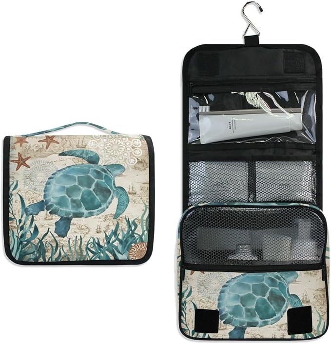 senya Hanging Travel Toiletry Bag Kit Makeup Case Cosmetics Organizer for Men Women (Sea Lives Turtle Coral)