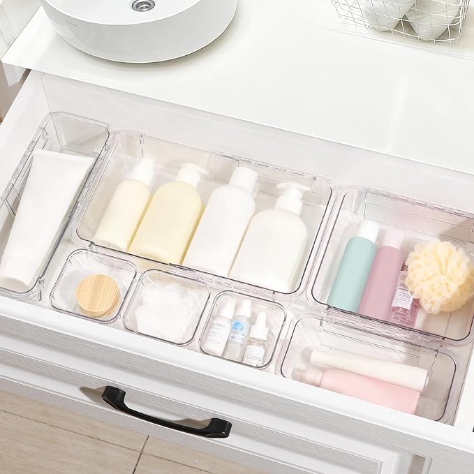 14 Pcs Adjustable Clear Drawer Organizer, Extendable Vanity Storage Bins, Desk Drawer Organizer Set for Makeup, Cosmetics, Bedroom, and Gadgets, Clear