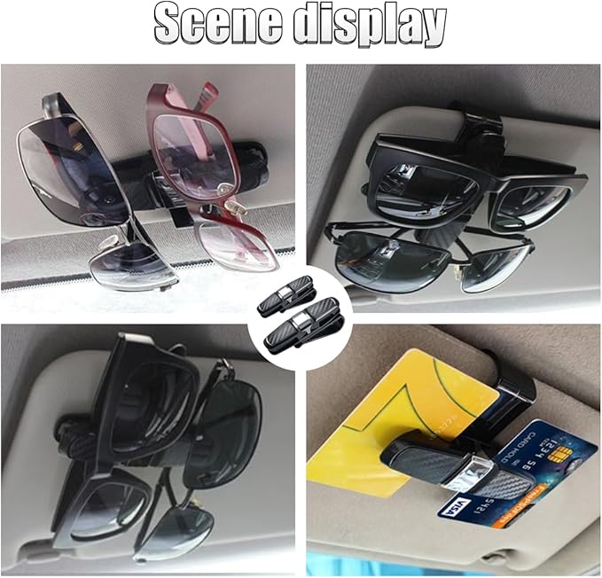 2PCS Glasses Holders for Car Sun Visor, Glasses Clip Organizer, Sunglasses Eyeglasses Mount with Ticket Card, Car Sun Visor Double-Ends Clip, 180 Degree Rotational Car Glasses Holder