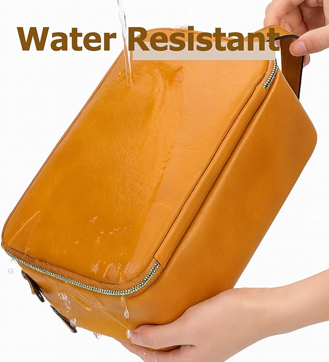 MIRASON Travel Toiletry Bag for Men Thickened Leather Travel Bag for Toiletries, Dopp Kit Water-resistant Shower Bag for Shaving Gym Bathroom Organizer Gifts for Men, Brown