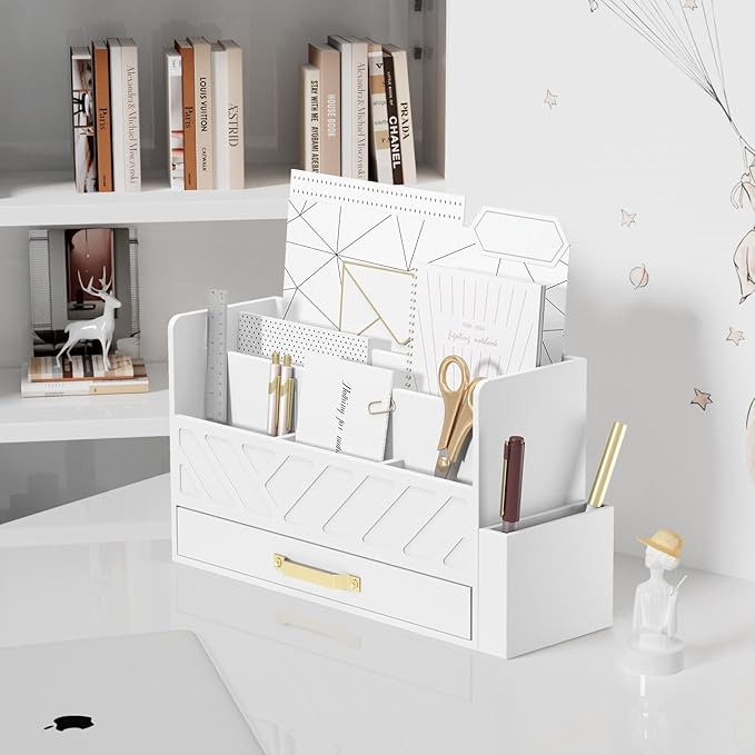 Bamboo Desk Organizer Mail Holder Countertop Wood Desk Drawer Tabletop Storage Box Pen Holder Letter Sorter Makeup Organizer for School Home Office Supplies with Pen Holder White