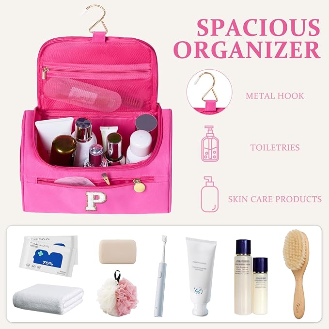 COSHAYSOO Summer Birthday Gifts for Women Her Beach Vacation Gift Ideas Personalized Travel Size Toiletries Organizer, Large Hanging Toiletry Bag Skincare Case Waterproof Traveling Hot Pink Letter P