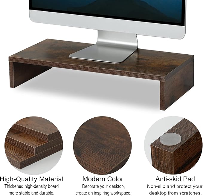 TEAMIX 20 Inch Monitor Stand Riser, Wooden Desktop Riser for TV/PC/Laptop/Printer, Rustic Brown Monitor Riser with Storage, Computer Stand Keyboard Organizer