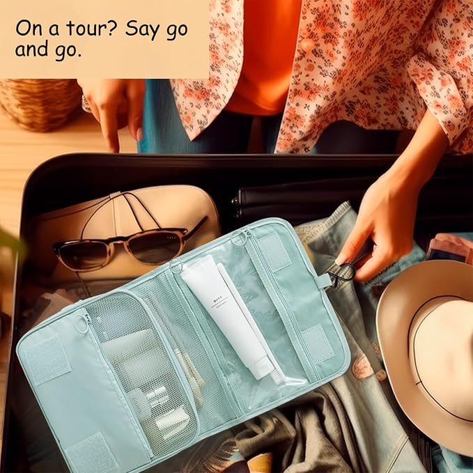 Foldable Hanging Travel Toiletry Bag,Waterproof Portable Travel Bags, Multifunction Travel Makeup Cosmetic Bag Organizer with Hanging Hook (Light Blue)