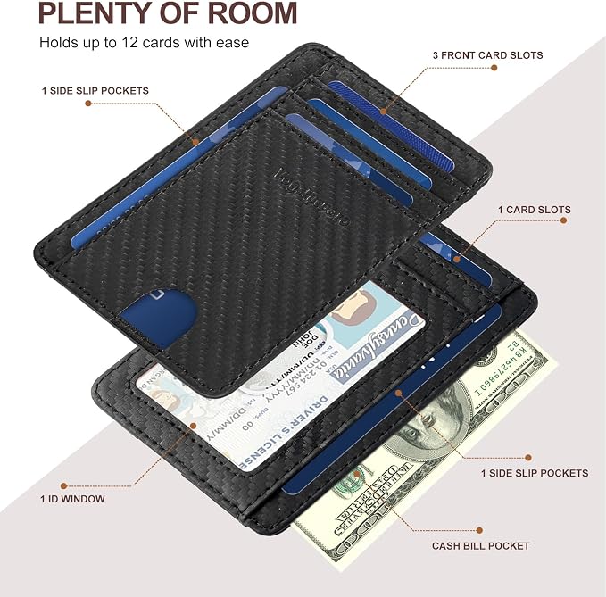 Slim Minimalist Front Pocket Thin Wallet RFID Blocking 100% Genuine Leather Credit Card Holder for men Women, with Gift Box-Carbon Fiber Leather Black