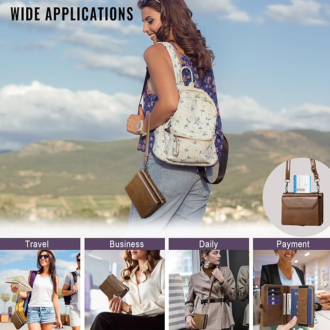 ASAPDOS RFID Blocking Family Passport Holder Wallet,Hold 2-3 Passports for Travel with Credit Card Slots & Wrist Crossbody Strap Coffee