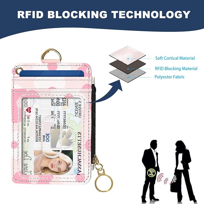 Slim Wallet Credit Card Holder, Pink Daisy, RFID Wallet Women Cute Small Front Pocket Wallet With Zipper, PU Leather Thin travel RFID Blocking Card Case ID Window,Ladies Gifts