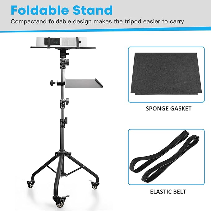 Portable Laptop & Projector Stand with Phone Holder and Mouse Tray, Adjustable Height Tripod Stand for Laptop, Projector, DJ, Sheet Music, Black