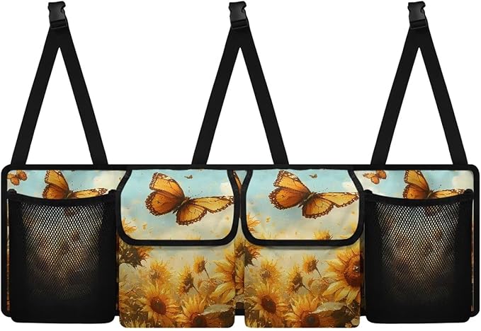 Butterfly Sunflower Print Car Trunk Organizer with 4 Pockets Hanging Car Backseat Storage Bag Multipurpose Car Organizer Bag Universal Car Interior Accessories