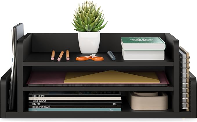 Ballucci 3-Tier Desk Organizer with 2 Side Mail Sorter Slots, Wood Letter Tray, Open Top Paper Organizer, Desktop File Organizer, Black