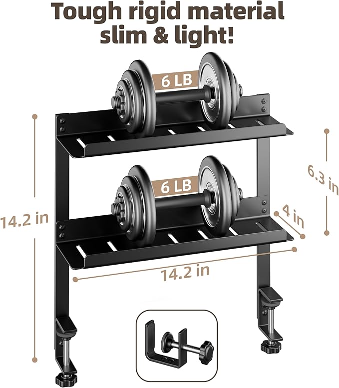 Delamu 2-Tier Clamp On Desk Shelf, 14.2in Desktop Shelves Organizer, Small Desk Organizer with Cord Hider, Table Extender Attachment Shelves for Workspace & Gaming Accessories, Black