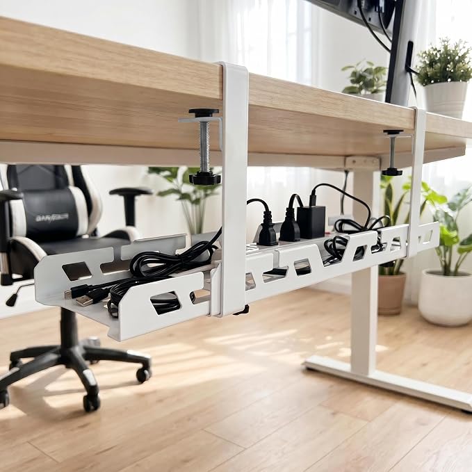 Under Desk Cable Management Tray 15.4-26 Inches Bidirectional Extendable Metal Cable Organizer with Clamp Mount, No Drill Wire Management System for Home Office & Gaming Desk(Light Gray)