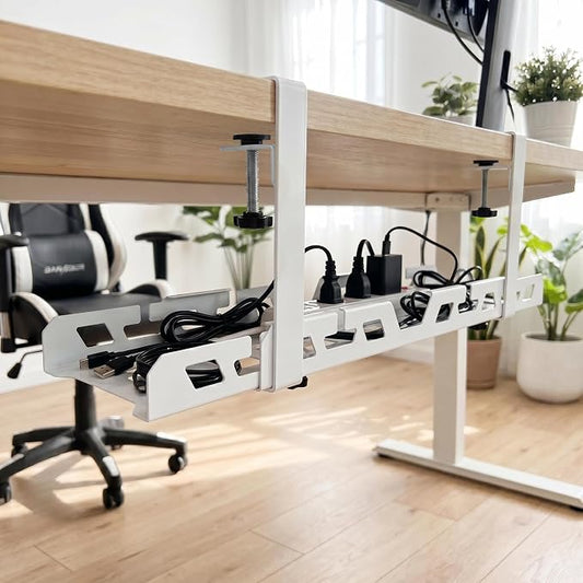 Under Desk Cable Management Tray 15.4-26 Inches Bidirectional Extendable Metal Cable Organizer with Clamp Mount, No Drill Wire Management System for Home Office & Gaming Desk(Light Gray)